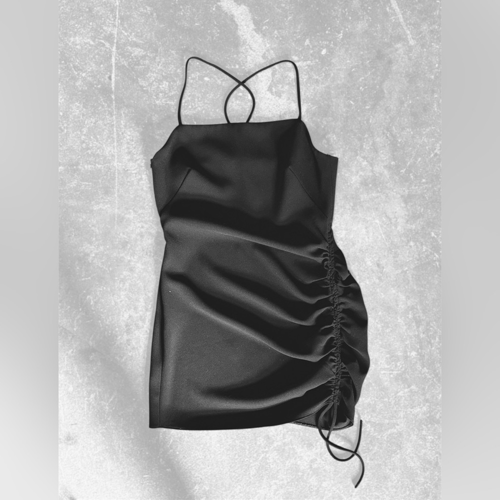 ZARA Spaghetti Strap Ruched Mini Dress in black.